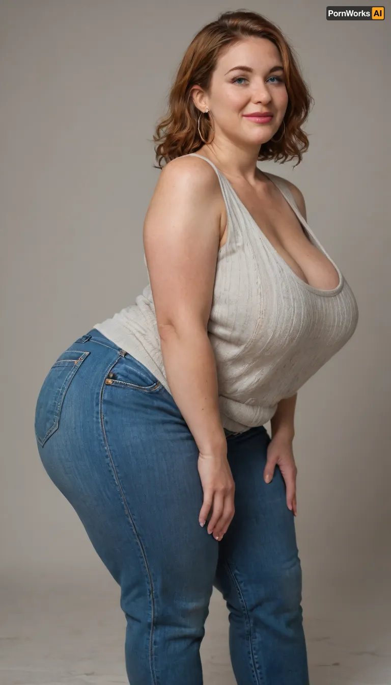 Side view, Mature, 80 years old, (oversized ssbbw:1.3), ., (Oversized thick thighs and oversized wide hips:1), . Oversized wide sleeveless sweater. Natural auburn hair, thick. Freckles on face. Long eyelash. Busty lips, lipstick. Tight jeans. Big earrings. Seductive posing, bent over to the camera. Seductive smile. Hanging breasts, blonde, wrinkles, jewelry, long, hair, short, smiling, 1girl, blue, eyes, <lora:Older_woman-000008:.8>