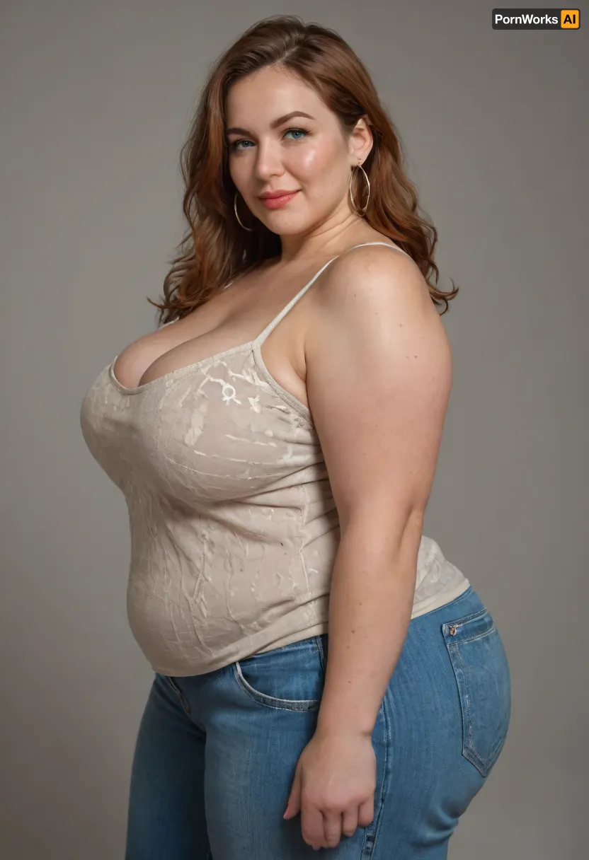 Side view, Mature, 80 years old, (oversized ssbbw:1.3), ., (Oversized thick thighs and oversized wide hips:1), . Oversized wide sleeveless camisole. Natural auburn hair, thick. Freckles on face. Long eyelash. Plump lips, lipstick. Tight jeans. Big earrings. Seductive posing, looking at the camera. Seductive smile, blonde, wrinkles, jewelry, long, hair, short, smiling, 1girl, blue, eyes, <lora:Older_woman-000008:.8>