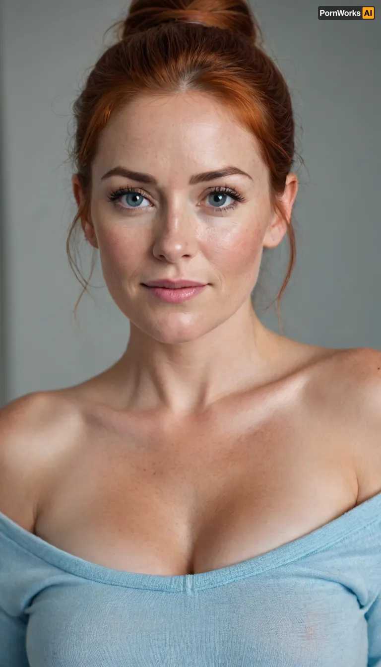 This image features a 50 year old mature woman with fair skin, prominent freckles, and striking brown-reddish-orange hair styled in a high ponytail. Her eyes are a light blue, and she is looking directly at the viewer with a slight smile, her lips painted a soft pink. She has a chubby face, with mature facial features.
She is wearing a light-colored, off-the-shoulder knitted sweater that significantly highlights her very large breasts, which are a central focus of the image. The sweater seems to be stretched by their size. Below the waist, she is wearing fitted blue jeans that emphasize her wide hips and thighs. Her hands are placed on her hips.
The lighting in the image is even and bright, suggesting an indoor setting with a plain, light-colored background. The overall impression is that of a posed photograph, intentionally accentuating her figure.