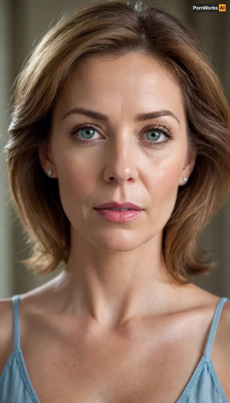 This is a close-up, head-and-shoulders portrait of a woman who appears to be in her 60s, looking directly at the viewer with a serene and confident expression.
Her hair is a warm chestnut brown, subtly streaked with gray, suggesting a natural aging process. It frames her face softly. Her most striking feature is her eyes, which are a vibrant and captivating blue-green color.
Her complexion is fair, and while there are visible lines around her eyes and mouth, they appear to be soft expression lines rather than deep wrinkles, indicating graceful aging. Her lips are full and have a natural, rosy hue.
She is wearing a low-cut, light-colored silk camisole. The fabric has a soft sheen, suggesting luxury, and the cut reveals a significant amount of her chest, indicating that she has large, mature breasts that are prominently displayed.
The lighting is soft and even, highlighting her features without harsh shadows and giving her skin a gentle glow. The background is a simple, blurred, light gray or cream color, ensuring that the focus remains entirely on the woman. The overall impression is one of mature beauty, confidence, and natural elegance.