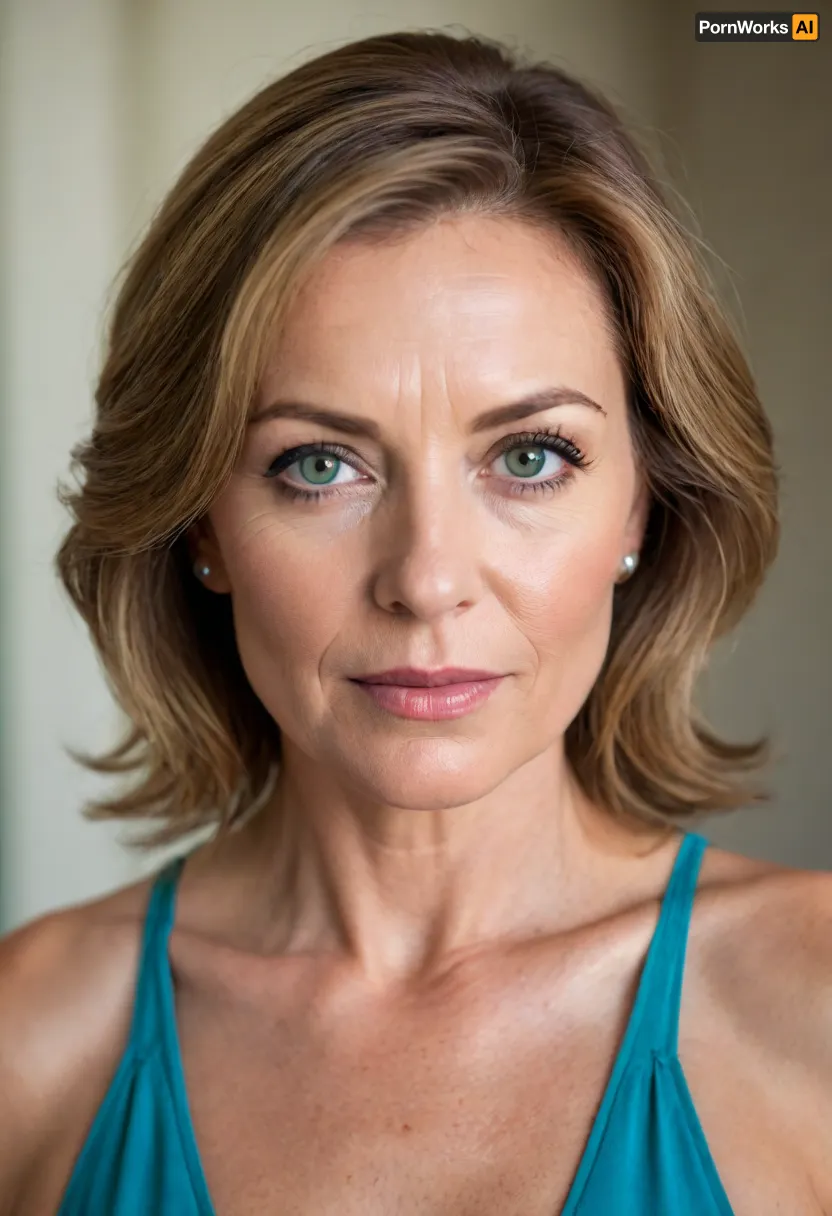 This is a upper body portrait of a mature milf who appears to be in her 60s, looking directly at the viewer with a serene and confident expression.
Her hair is a warm chestnut brown, subtly streaked with gray, suggesting a natural aging process. It frames her face softly. Her most striking feature is her eyes, which are a vibrant and captivating blue-green color.
Her complexion is fair, and while there are visible lines around her eyes and mouth, they appear to be soft expression lines rather than deep wrinkles, indicating graceful aging. Her lips are full and have a natural, rosy hue.
She is wearing a low-cut, light-colored silk camisole. The fabric has a soft sheen, suggesting luxury, and the cut reveals a significant amount of her chest, indicating that she has large, mature breasts that are prominently displayed.
The lighting is soft and even, highlighting her features without harsh shadows and giving her skin a gentle glow. The background is a simple, blurred, light gray or cream color, ensuring that the focus remains entirely on the woman. The overall impression is one of mature beauty, confidence, and natural elegance.