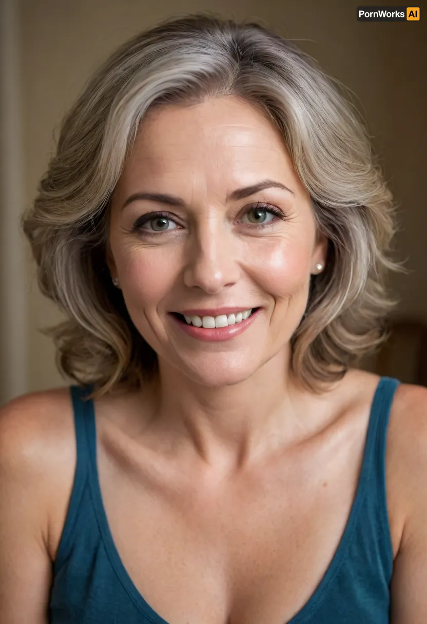 This is a highly realistic, detailed, and high-quality portrait of mature woman in her early to mid-60s, captured at a medium close-up, looking directly at the viewer with a warm and genuine expression.
Her hair is a rich chestnut brown, gracefully streaked with silver and gray, which is subtly styled, framing her face and highlighting her age with elegance. Her eyes are a striking feature, a piercing blue-green color that stands out vividly against her complexion. They convey warmth and a sense of depth and life experience.
Her face is characterized by a big, open-mouthed smile, revealing a full set of teeth and emphasizing her full, well-defined lips. The smile reaches her eyes, creating crinkles at the corners that speak of a lifetime of joy and laughter. Her skin, while showing the natural signs of aging with fine lines and a softer texture, appears healthy and well-maintained. There's a slight plumpness to her cheeks, consistent with a fat or chubby build.
She is wearing a low-cut silk camisole. The fabric appears soft and lustrous, draping over her ample bosom, which is quite large and prominently featured, consistent with the previous descriptions. The garment subtly highlights her curves.
The lighting in the image is soft and warm, casting gentle highlights and shadows that add depth and realism to her features. The background is softly blurred, likely a bokeh effect, ensuring that the entire focus remains on the woman and her expressive face. The overall impression is one of a confident, joyful, and mature woman embracing her natural beauty and age with grace.