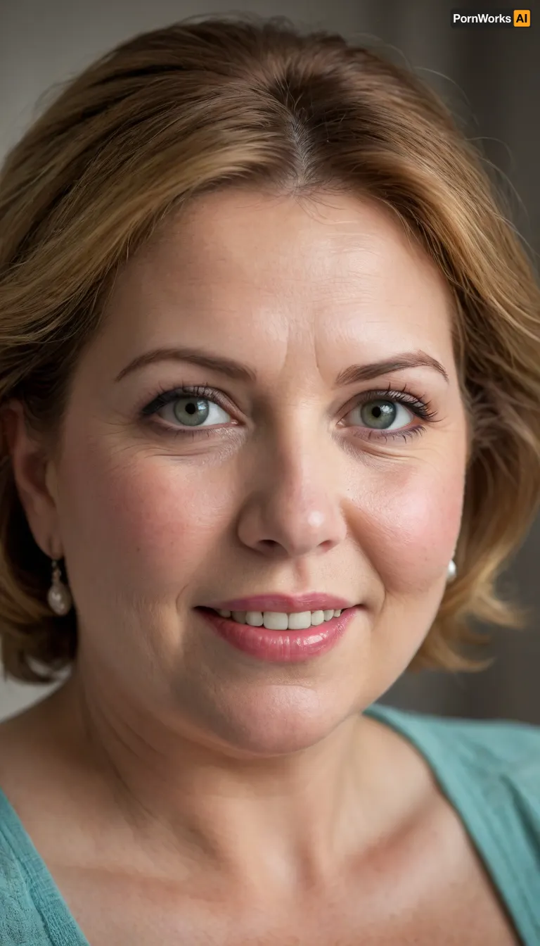 This is a highly realistic, detailed, and high-quality portrait of obese mature woman in her early to mid-60s, captured at a medium close-up, looking directly at the viewer with a warm and genuine expression.
Her hair is a rich chestnut brown, gracefully streaked with silver and gray, which is subtly styled, framing her face and highlighting her age with elegance. Her eyes are a striking feature, a piercing blue-green color that stands out vividly against her complexion. They convey warmth and a sense of depth and life experience.
Her face is characterized by a big, open-mouthed smile, revealing a full set of teeth and emphasizing her full, well-defined lips. The smile reaches her eyes, creating crinkles at the corners that speak of a lifetime of joy and laughter. Her skin, while showing the natural signs of aging with fine lines and a softer texture, appears healthy and well-maintained. There's a slight plumpness to her cheeks, consistent with a fat or chubby build.
She is wearing a low-cut silk camisole. The fabric appears soft and lustrous, draping over her ample bosom, which is quite large and prominently featured, consistent with the previous descriptions. The garment subtly highlights her curves.
The lighting in the image is soft and warm, casting gentle highlights and shadows that add depth and realism to her features. The background is softly blurred, likely a bokeh effect, ensuring that the entire focus remains on the woman and her expressive face. The overall impression is one of a confident, joyful, and mature woman embracing her natural beauty and age with grace.
