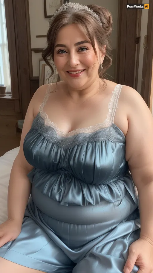 high-quality, realistic, and intricately detailed portrait of a Armenian, fat, bbw, mature gilf in her 60s, depicted in an intimate setting while sitting in a bed. She is looking directly into the camera with an undeniably joyful and open expression. Her hair is a sophisticated blend of rich chestnut brown generously interspersed with distinct streaks of silvery-gray. It's styled softly, framing her face in a way that suggests natural growth rather than rigid styling, beautifully highlighting her age with elegance and grace. Her most captivating feature might be her eyes, which are a striking and vivid blue-green. They sparkle with an authentic warmth and vitality, deeply engaging the viewer and conveying a profound sense of life experience and genuine happiness.
The centerpiece of her face is her wide, open-mouthed smile. This smile is expansive, revealing a full and healthy set of teeth, and accentuating her naturally full, well-defined lips. The very act of her smiling creates visible, soft crinkles at the corners of her eyes and subtly around her mouth, which are not indicative of distress but rather of a life filled with laughter and joy. Her skin, while exhibiting the natural textures and very fine lines associated with aging, appears remarkably healthy, luminous, and soft, indicating good care. There's a noticeable fullness to her cheeks and jawline, contributing to her "chubby" or "fat" build, which adds to her approachable and comfortable appearance.
She is in a low-cut, shimmering silk camisole, which appears to be a light, possibly ivory or pale pastel, color. The fabric itself is highly detailed, showing the soft sheen and elegant drape characteristic of silk. This garment boldly showcases her ample and visibly saggy breasts, which are a prominent feature of her upper body. The natural effect of gravity on mature, large breasts is clearly depicted, contributing to the realism and celebration of her body's natural state. The camisole gracefully conforms to her fuller, more rounded torso and shoulders, emphasizing her fat physique in a comfortable and unposed manner.
The intimate setting places her sitting upright in a bed. The bed linens are simple, appearing to be soft white or a very light, neutral color, which provides a clean and uncluttered backdrop that highlights her vibrant presence. The lighting is exquisitely soft, natural, and diffused, likely originating from a large window or a similar soft light source. This illumination gently wraps around her, accentuating the contours of her face and body without creating harsh shadows, and imparting a warm, inviting glow to her skin and the silk fabric. The background is subtly blurred, maintaining a shallow depth of field that ensures the viewer's entire focus remains intently on the woman and her expressive features. The overall impression is one of profound comfort, genuine happiness, and confident self-acceptance., <lora:age_slider_v20:.8>, mature, female, <lora:plump-lite:.8>