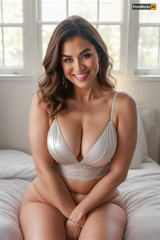 high-quality, realistic, and intricately detailed portrait of a Armenian, fat, bbw, mature gilf in her 60s, depicted in an intimate setting while sitting in a bed. She is looking directly into the camera with an undeniably joyful and open expression.
Her hair is a sophisticated blend of rich chestnut brown generously interspersed with distinct streaks of silvery-gray. It's styled softly, framing her face in a way that suggests natural growth rather than rigid styling, beautifully highlighting her age with elegance and grace. Her most captivating feature might be her eyes, which are a striking and vivid blue-green. They sparkle with an authentic warmth and vitality, deeply engaging the viewer and conveying a profound sense of life experience and genuine happiness.
The centerpiece of her face is her wide, open-mouthed smile. This smile is expansive, revealing a full and healthy set of teeth, and accentuating her naturally full, well-defined lips. The very act of her smiling creates visible, soft crinkles at the corners of her eyes and subtly around her mouth, which are not indicative of distress but rather of a life filled with laughter and joy. Her skin, while exhibiting the natural textures and very fine lines associated with aging, appears remarkably healthy, luminous, and soft, indicating good care. There's a noticeable fullness to her cheeks and jawline, contributing to her "chubby" or "fat" build, which adds to her approachable and comfortable appearance.
She is clad in a low-cut, shimmering silk camisole, which appears to be a light, possibly ivory or pale pastel, color. The fabric itself is highly detailed, showing the soft sheen and elegant drape characteristic of silk. This garment boldly showcases her ample and visibly saggy breasts, which are a prominent feature of her upper body. The natural effect of gravity on mature, large breasts is clearly depicted, contributing to the realism and celebration of her body's natural state. The camisole gracefully conforms to her fuller, more rounded torso and shoulders, emphasizing her fat physique in a comfortable and unposed manner.
The intimate setting places her sitting upright in a bed. The bed linens are simple, appearing to be soft white or a very light, neutral color, which provides a clean and uncluttered backdrop that highlights her vibrant presence. The lighting is exquisitely soft, natural, and diffused, likely originating from a large window or a similar soft light source. This illumination gently wraps around her, accentuating the contours of her face and body without creating harsh shadows, and imparting a warm, inviting glow to her skin and the silk fabric. The background is subtly blurred, maintaining a shallow depth of field that ensures the viewer's entire focus remains intently on the woman and her expressive features. The overall impression is one of profound comfort, genuine happiness, and confident self-acceptance., realhips, <lora:realhips:.8>, <lora:age_slider_v20:.8>