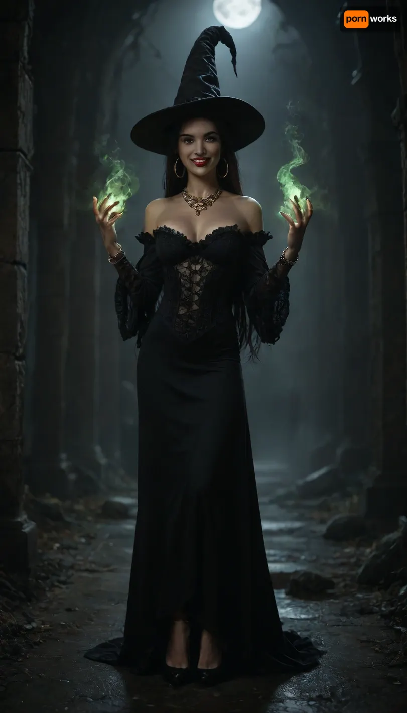 A busty young Irish witch on a windy night in a foggy cemetery on Halloween, (smiling:1.5), (very skinny), (very long straight black hair), ((pointy hat:1.1)), (large round breast implants), (gold hoop earrings), (red lipstick), heels, black frilly lace halter dress with sleeves, she is staring at the viewer, looking down, magical duel, cloudy, smoke, atmospheric, foggy, (green glowing magic smoke over her outstretched hands), <lora:Cloudy_Style:1.2>, <lora:dark:.1>