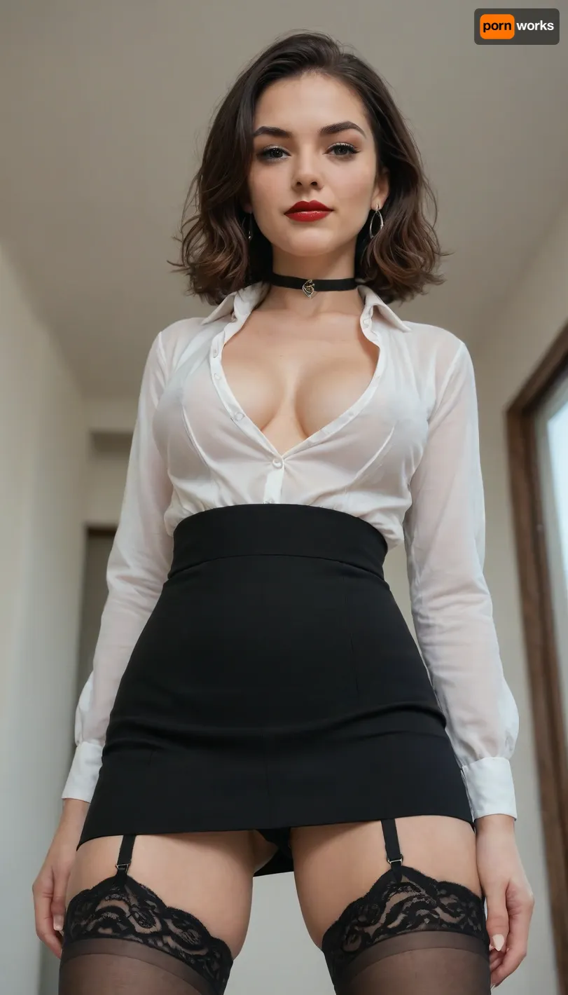 A dominant woman in her late 30s stands confidently in a dimly lit office or hallway. She wears a tight black pencil skirt, sheer nylons with visible garter straps, and a partially unbuttoned white blouse. Her makeup is bold and exaggerated – smokey eyes, heavy lashes, and dark red lipstick. Her hair is styled in a sleek long bob. She has large earrings, a black choker, and a shiny bracelet. Her long, pointed fingernails are painted dark green. She is crossing her arms and looking down at the viewer with a smug, condescending expression – part smirk, part challenge. Her posture is straight, confident, and subtly threatening. The atmosphere is seductive, cold, and humiliating at once. Photorealistic style, high detail, submissive POV angle.Camera angle from below, submissive view
Expression, dominant, amused, unimpressed