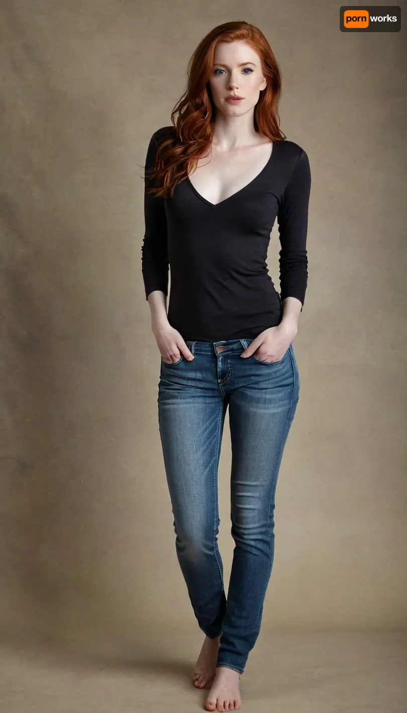 Wife, 29 years old, ginger, redhead hair, ((pale skin)), white skin, Medium breast, falling breast. Full body view. Shirt. Hollister, Jeans, <lora:Hollister_Lora_v1.0:.8>