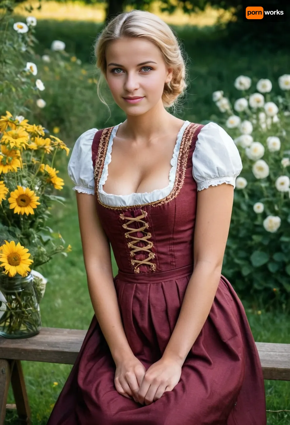 (high quality photographie), (detailed eyes), (detailed skin), (ultra sharp), one only 1m65 slender 23yo female woman, very small waist, long blonde pinned-up hair, flat-chested, no makeup, in traditional austrian dirndl dress in the garden of the new house at a housewarming party with friends and family, soft smile, full body view