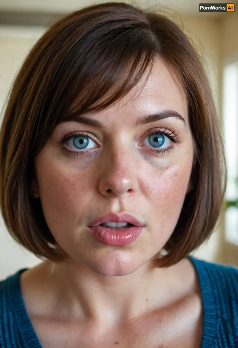 1girl, average height, french, bob cut brunette hair, 55 years old, chubby face, fat, solo, blue eyes, perfect eyes, realistic, freckles, lick her lips by her tongue