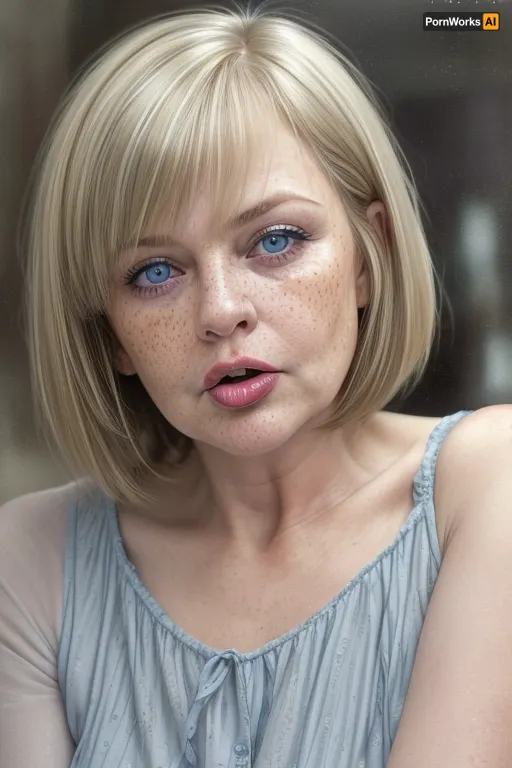 1girl, average height, Russian, layered bob cut brunette hair with lighter highlights, 60 years old, chubby face, fat, solo, blue eyes, perfect eyes, realistic, freckles, lick her lips by her tongue