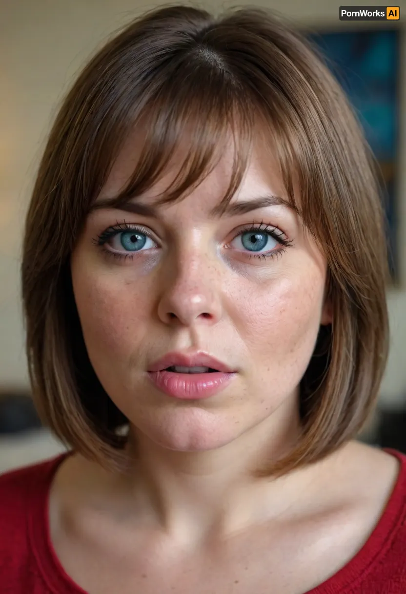 1girl, average height, Russian, layered bob cut brunette hair with lighter highlights, 60 years old, chubby face, fat, solo, blue eyes, perfect eyes, realistic, freckles, lick her lips by her tongue