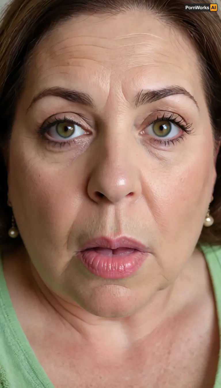 Lubica, 1gilf, Armenian, brunette hair with layered highlights, 60 years old, chubby face, fat, obese, ssbbw, plump, thick, saggy, solo, light green eyes, perfect eyes, realistic, olive skin tone, wrinkles, lick her lips by her tongue, plump lips, lips parted