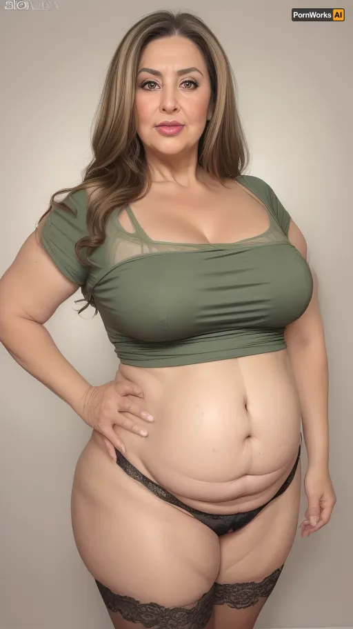 Lubica, 1gilf, Armenian, brunette hair with layered highlights, 60 years old, chubby face, fat, obese, ssbbw, plump, thick, saggy, solo, light green eyes, perfect eyes, realistic, tan skin tone, wrinkles, lick her lips by her tongue, plump lips, lips parted, FUPA, (blank black background), pubic hair, fat rolls, belly