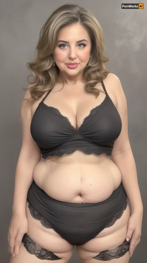 Lubica, 1gilf, Armenian, brunette hair with layered highlights, 60 years old, chubby face, fat, obese, ssbbw, plump, thick, saggy, solo, light green eyes, perfect eyes, realistic, tan skin tone, wrinkles, lick her lips by her tongue, plump lips, lips parted, FUPA, (blank black background), pubic hair, fat rolls, belly, sagging, <lora:microwaistV05:.8>