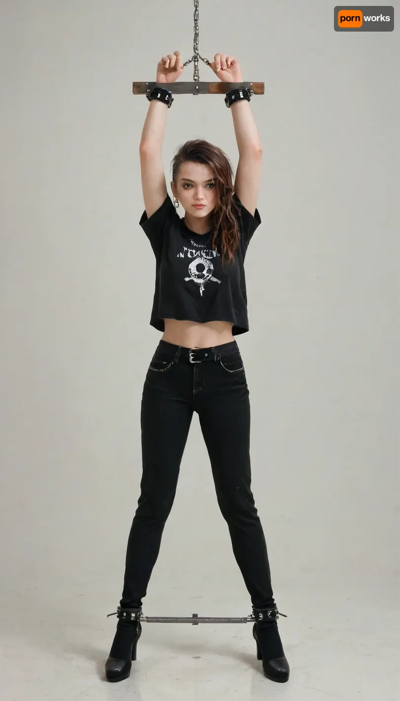 standing, x-cross bondage, spreader bar, spread arms, spread legs, library background, (Comfyui with controlnet), Model, arms up, A petite brown haired woman in stocks pose, black pants, black top, a look of annoyed, iron cuffs on wrists and ankles, luna, lovegood, <lora:BondageXcrossV1--In Stocks Pose:.5>, <lora:luna lovegood:1>, alt, fashion, <lora:alt_fashion_v2:.8>, 80s, punk, clothing, <lora:80s_punk_clothing:.8>