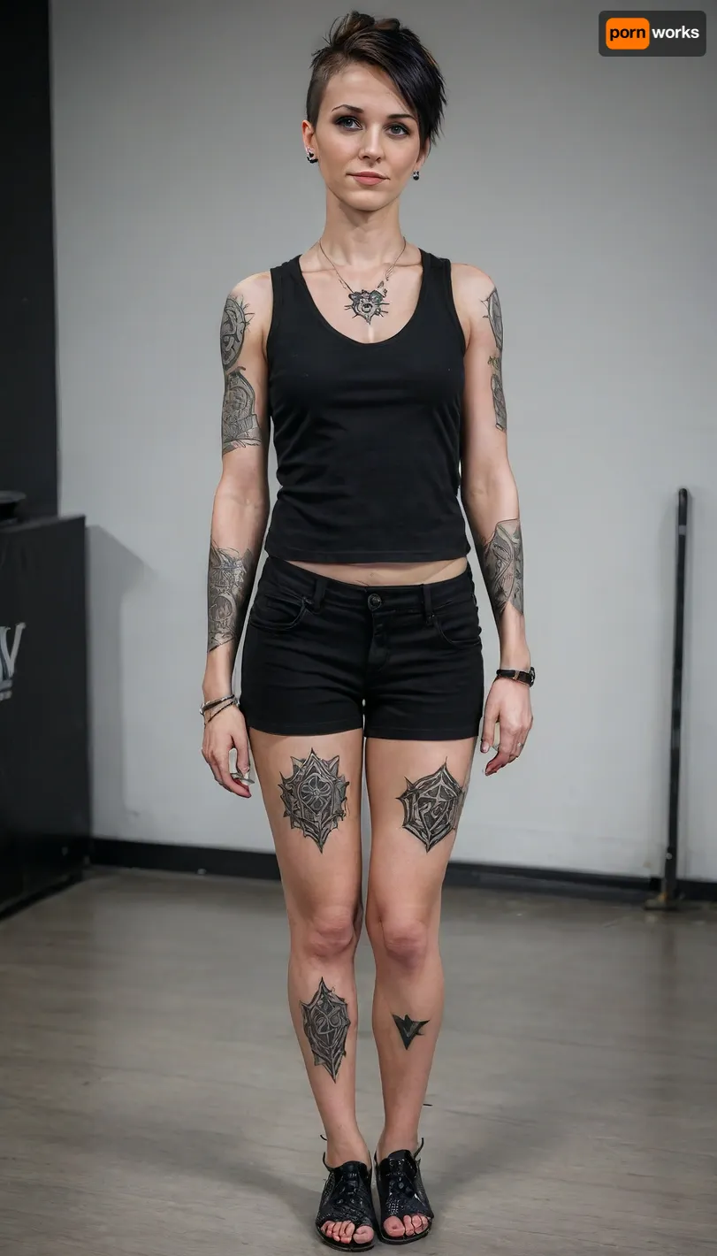 RAW full body analogue photo of a beautiful german 46 years old woman, clear focus, 8K, very slim and tall, long slim neck, (dynamic angle:1), cinematic, (film grain, depth of field, blurry background, colorful:1), volumetric lighting, (bold blackwork lower arm tattoo:2), (bold blackwork lower leg tattoo:2), (bold blackwork feet tattoo:2), the most exotic lascivious ultraslim naked 46 years old woman with a face of Unconventional beauty, mixed north-european-russian race, high forehead, slim tall elegant mohawk androgynous, pointy big perky tits, (artifical tan glowing skin), Barefoot, waist-chain, stacked anklets, casual pose, everyday public background, 4ng3l, face, uberfit, muscular, athletic, <lora:breasts_slider_v10:2>, <lora:SDXL_BetterFaces-LoRA_v1:1>, <lora:uberfit_lora_sdxl:.1>, <lora:blackwork1.2-000008:2>