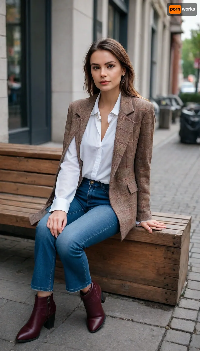Fashion-forward, <lora:2559258:1>, ohwx woman sitting casually, posing like an influencer at a street café corner in an urban European setting. She wears an oversized brown plaid blazer layered over a crisp white shirt with a loose black tie, paired with wide-leg blue jeans. Burgundy pointed-toe heeled boots peek out under the denim. The scene includes a rustic wooden crate used as a makeshift table. She sits with her legs crossed, The setting features worn white walls, mosaic tiles near the ground, and a grey city sidewalk with subtle grime and texture. Realistic street fashion editorial photo, candid moment, slightly cinematic angle.
Seed, 985444Size, 896x1152euler_aSuper