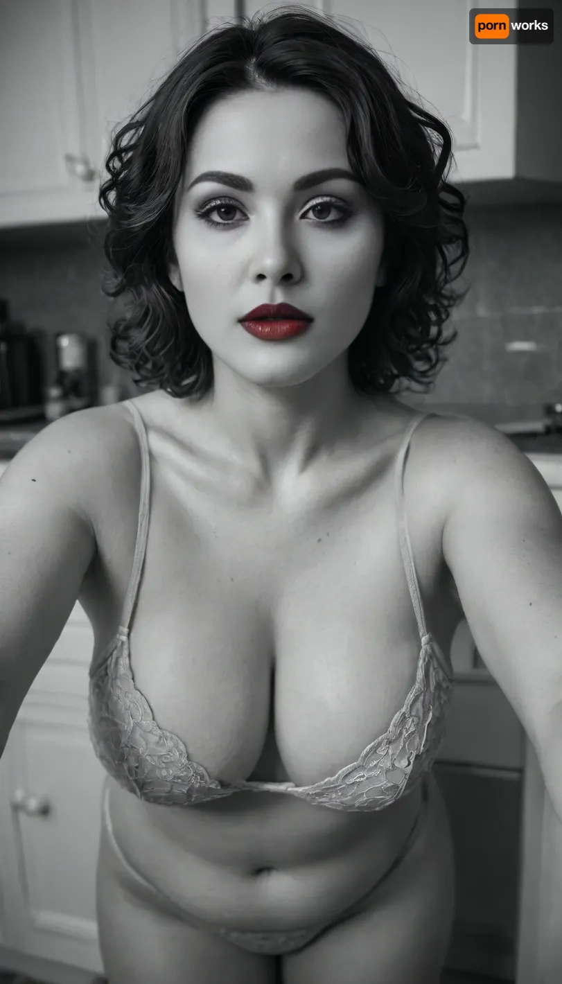 ((monochrome:1.5)), Professional makeup, partly exposes her large full breasts, at night, spotlights, many details, 4k, photorealistic, perfect picture, UHD 8K, extreme realism, maximum detail, wide angle view, distant view, award winning photo, ((solo)), 1/2 body view, drunk soviet mature woman, (((face focus))), ((completely clothing)), ((in indigo panties)), (long VERY CURLY dark HAIR IN A HIGH TOP PIXIE CUT:1.4), 40 years old, perfect face, ((sad:1.3)), ((milf:1.4)), blue eyes, makeup, red lipstick, ((standing)), in kitchen, (CHUBBY WOMAN:1.2), (((flashed her panties))), <lora:580159_training_data:.5>