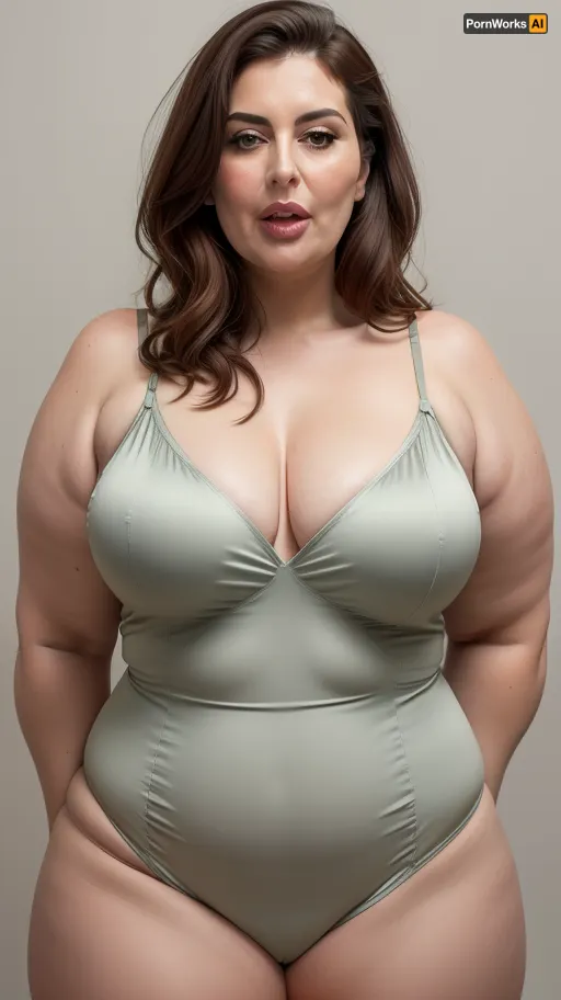 Armenian, (Close-up:1.3), portrait photo a mature obese woman, gilf, saggy, fat round face, double chin, fat, hips, 60 years old Woman, green eyes, auburn layered haircut, strong jawline, seductive smile, lips parted, teeth showing, (mouth open), looking at viewer, (solid blank background:1.3), eye level shoot, film grain, style by Flora Borsi, OverallDetail, v-neck spaghetti strap satin camisole, with, (pokies), big fupa, cameltoe, standing
