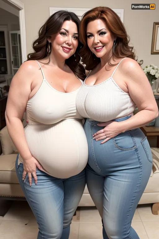 two fat gilfs, brunette, auburn, 60 years old, high waist jeans, white spaghetti strap camisole, facing viewer, looking at viewer, eye contact, flirting, smiling, party, living room background, fupa, chubby, wide hips, big hips, pregnant, preggo