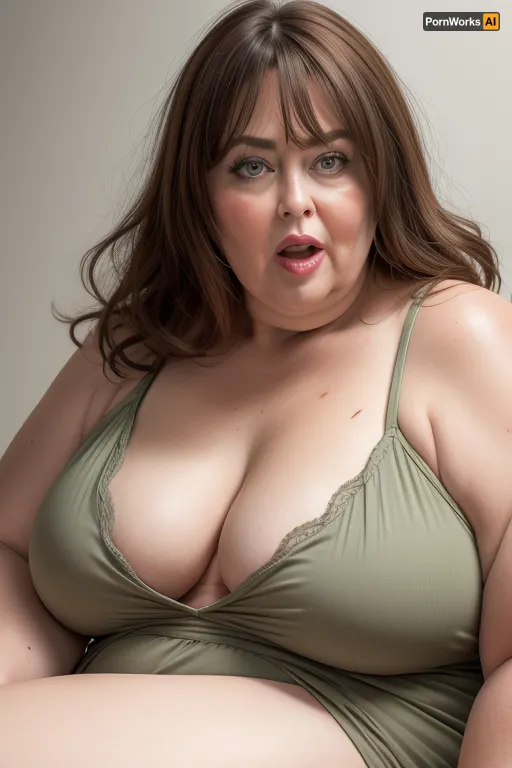 (Close-up:1.2), portrait photo a mature chubby gilf, fat bosom, fat round face, double chin, 60 years old Woman, big eyes, green eyes, brown layered haircut, long hair, chubby jawline, pokies, seductive smile, lips parted, (mouth open:1.3), teeth showing, big lips, looking at viewer, (solid blank background:1.3), eye level shoot, film grain, style by Flora Borsi, OverallDetail, downblouse, loose, spaghetti strap camisole, leaning, forward, fupa, <lora:downblouse-v1:.9>, <lora:weight_slider_v2:.9>
