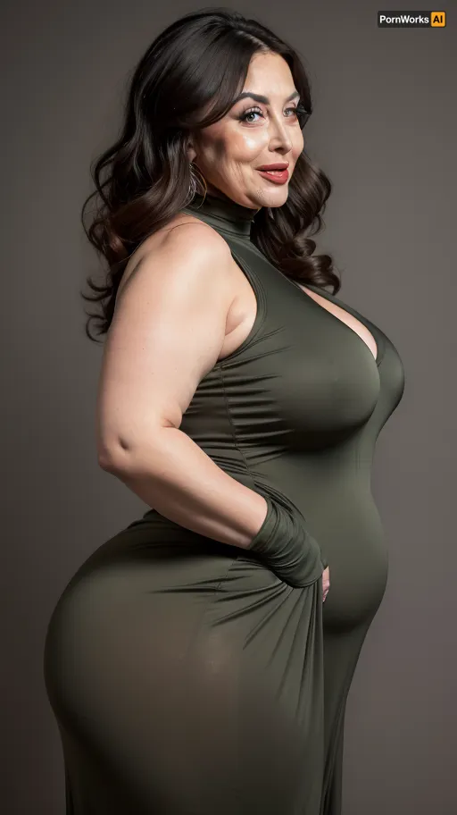 Side view, Armenian, Obese, gilf, (Close-up:1.2), portrait photo a mature chubby gilf, fat bosom, fat round face, double chin, 70 years old Woman, big eyes, green eyes, auburn layered haircut, chubby jawline, pokies, seductive smile, lips parted, (mouth open:1.3), teeth showing, big lips, looking at viewer, (solid blank dark background:1.3), eye level shoot, film grain, style by Flora Borsi, OverallDetail, black spaghetti strap maxi dress, fupa, cameltoe, (areola slip), wide, hips, <lora:hips-10:.5>, big ass