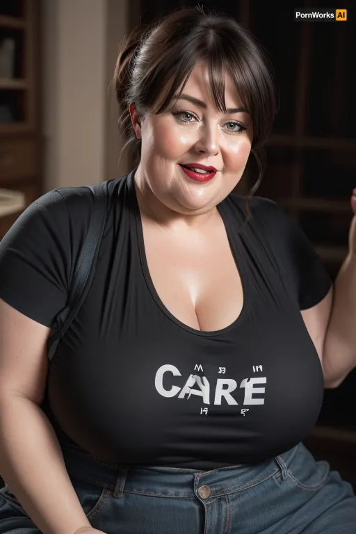 (Close-up:1.2), portrait photo a mature chubby woman, fat bosom, fat round face, double chin, 60 years old Woman, blue eyes, brown pixie haircut, ponytail, chubby jawline, pokies, seductive smile, lips parted, mouth open, teeth showing, big lips, looking at viewer, (solid dark background:1.3), eye level shoot, film grain, style by Flora Borsi, OverallDetail, downblouse, loose, t-shirt, leaning, forward, <lora:Lora_Srabonti2023-X4:.3>, <lora:downblouse-v1:.7>, <lora:weight_slider_v2:1.5>