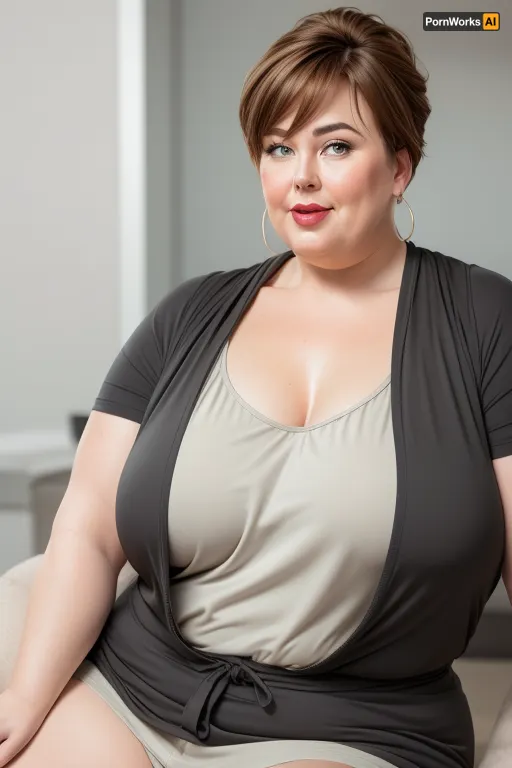 (Close-up:1.2), portrait photo a mature chubby woman, fat bosom, fat round face, double chin, 60 years old Woman, green eyes, brown pixie haircut, ponytail, chubby jawline, pokies, seductive smile, lips parted, (mouth open), teeth showing, big lips, looking at viewer, (solid blank background:1.3), eye level shoot, film grain, style by Flora Borsi, OverallDetail, downblouse, loose, camisole, leaning, forward, <lora:downblouse-v1:.7>, <lora:weight_slider_v2:1.5>