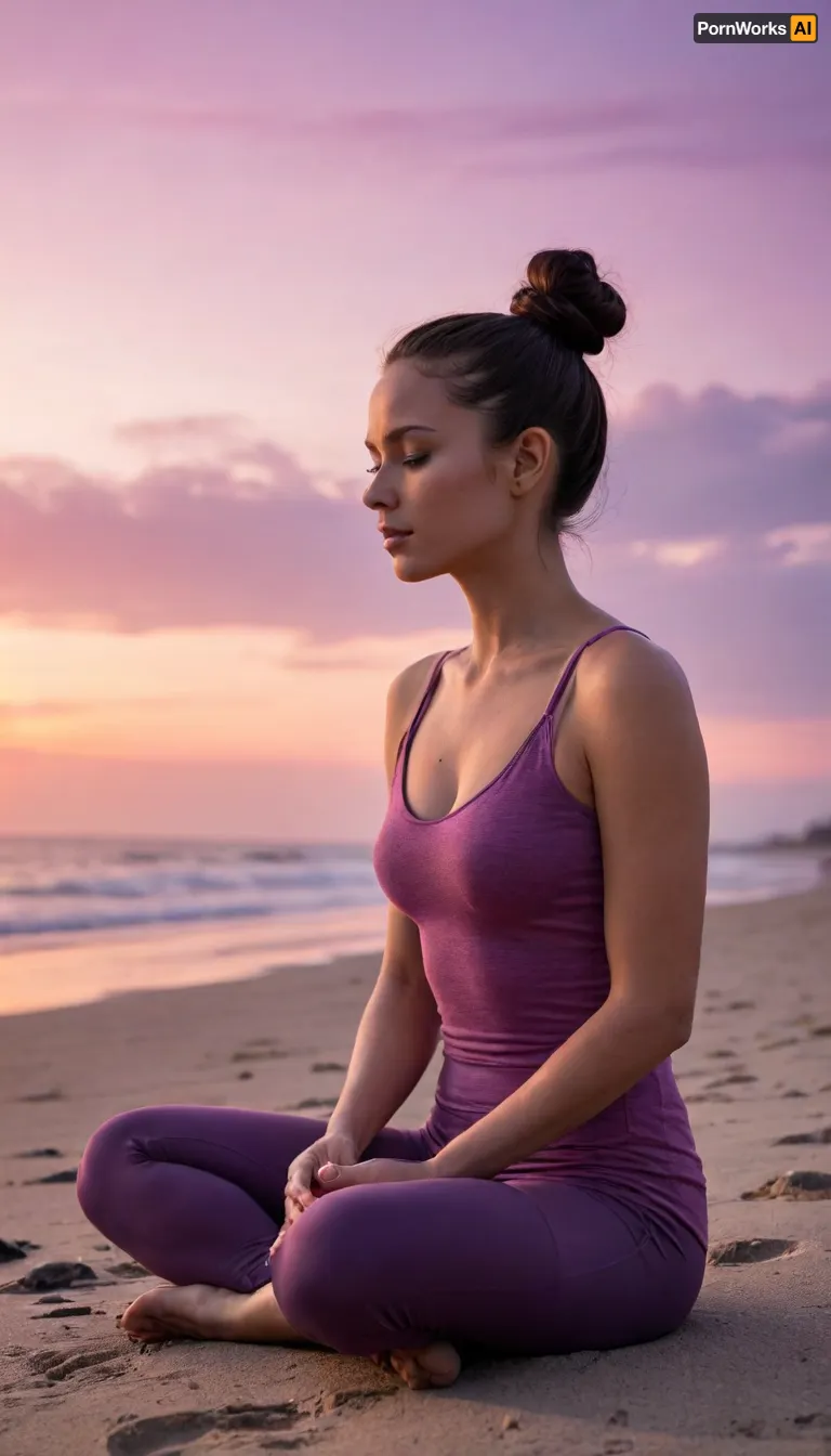 purple cast silhouette of woman meditating with small high bun, light skin, dark hair, eyes closed, heart shaped face, high cheekbones, high forehead, sitting on the ground . On the beach during sunset. Purple pink sunset. Realistic.