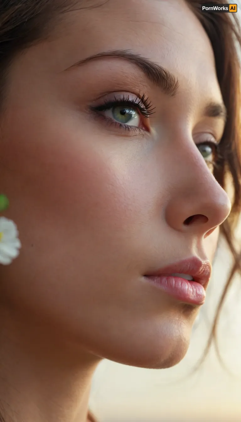 Hiper-realistic close-up of a thoughtful face gazing gently downward or to the sky, filled with reflective faith. Peaceful surroundings, soft ambient lighting. Symbolic details like open hands, a small flower, or glowing horizon. Face radiates surrender and divine alignment.