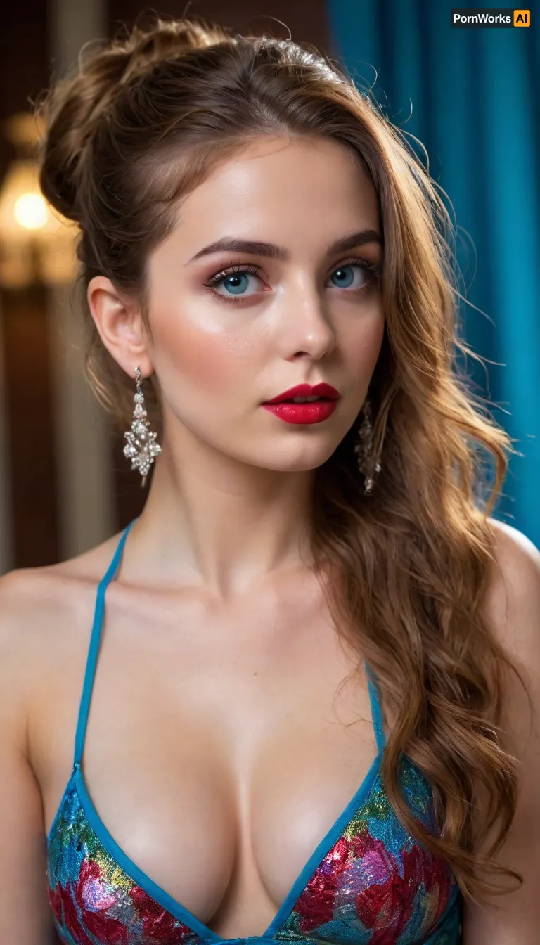 a porcelain-skinned woman with delicate freckles and full lips highlighted with red lipstick, wet hair, mermaid clothes, beautiful blowse, beautiful indian blowse, disheveled hair, . long neck line, perfect figure, big features, beautiful neck blowse, glossy lips, blue eyes, bold adult figure, colorful beautiful cute looks, bright face, Her hair is pinned up high, disheveled hair that add drama to the composition. has deep contrasts, fabric, beautiful chest, mermaid style . Elegant earrings dangle delicately, adding finesse to the overall look., captured in ultra-high definition, with perfect details.", complete figure, floral background, side light come, side different style posing, bend she is, camera from upside, a beautiful colorful light, and light cover her body, her body shines, beautiful hair bun