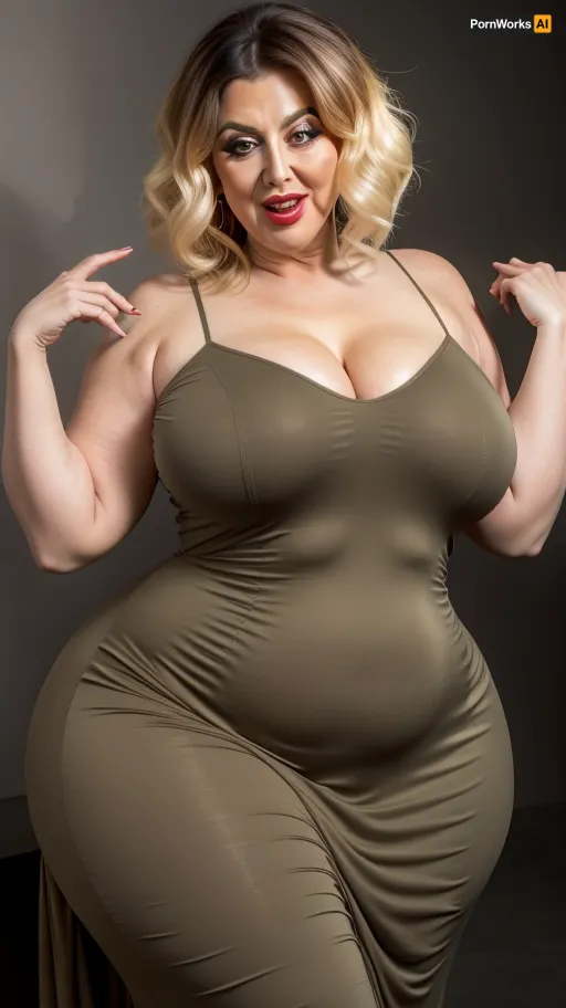 Armenian, gilf, (Close-up:1), portrait photo a mature chubby gilf, fat bosom, fat round face, double chin, 70 years old Woman, big eyes, green eyes, layered haircut, chubby jawline, pokies, seductive smile, lips parted, (mouth open:1.3), teeth showing, big lips, looking at viewer, (solid blank dark background:1.3), eye level shoot, film grain, style by Flora Borsi, OverallDetail, spaghetti strap maxi dress, fupa, cameltoe, (areola slip), wide, hips, <lora:hips-10:.8>