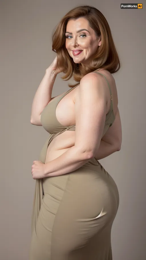 1/4 side view, chestnut hair, obese, gilf, (Close-up:1), portrait photo a mature chubby gilf, fat bosom, fat round face, double chin, 70 years old Woman, big eyes, green eyes, layered haircut, chubby jawline, pokies, seductive smile, lips parted, (mouth open:1.3), teeth showing, big lips, looking at viewer, (solid blank background:1.3), eye level shoot, film grain, style by Flora Borsi, OverallDetail, spaghetti strap maxi dress, fupa, cameltoe, (areola slip), wide, hips, tt_saggy, tt_flat, plump, fat, huge butt, <lora:hips-10:.8>, <lora:tt_saggy:.3>, <lora:plump_control_v1.0:1.1>