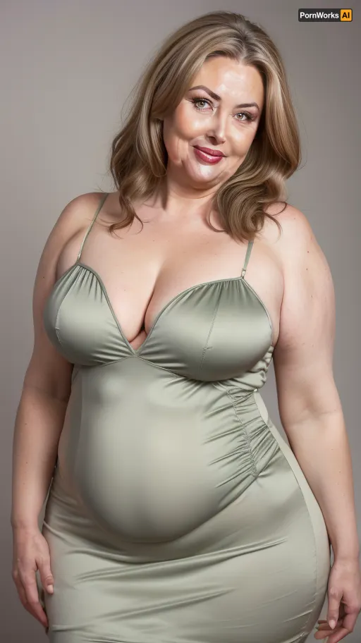 Brunette and gray hair, obese, gilf, (Close-up:1), portrait photo a mature chubby gilf, fat bosom, fat round face, double chin, 70 years old Woman, big eyes, green eyes, layered haircut, chubby jawline, pokies, seductive smile, lips parted, (mouth open:1.3), teeth showing, big lips, looking at viewer, (solid blank background:1.3), eye level shoot, film grain, style by Flora Borsi, OverallDetail, satin sleeveless spaghetti strap minidress, fupa, cameltoe, (areola slip), wide, hips, tt_saggy, tt_flat, plump, fat, saggy, sagging, droopy, <lora:hips-10:.4>, <lora:tt_saggy:.5>, <lora:plump_control_v1.0:1.3>