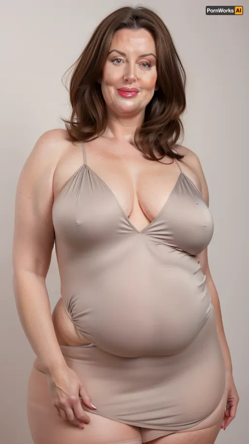 Brunette and gray hair, obese, gilf, (Close-up:1), portrait photo a mature chubby gilf, fat bosom, fat round face, double chin, 70 years old Woman, big eyes, green eyes, layered haircut, chubby jawline, pokies, seductive smile, lips parted, (mouth open:1.3), teeth showing, big lips, looking at viewer, (solid blank background:1.3), eye level shoot, film grain, style by Flora Borsi, OverallDetail, satin sleeveless spaghetti strap minidress, fupa, cameltoe, (areola slip), wide, hips, tt_saggy, tt_flat, plump, fat, saggy, sagging, droopy, <lora:hips-10:.6>, <lora:tt_saggy:.5>, <lora:plump_control_v1.0:1.6>