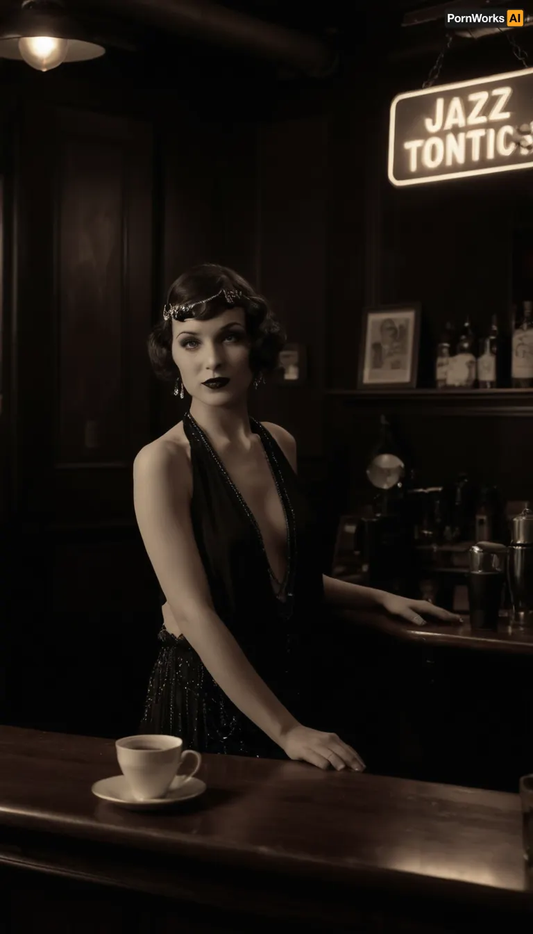 vintage, (monocrome:1.8), woman, 1920s flapper girl, 1920s hair, 1920s make up, leaning on a bar at a jazz club facing the viewer, ((with coffee cup)), seductive, (detailed clothing), (detailed background), (1920s decor:1.4), ((topless)), (retro 1920s style:1.3), long nipples, large natural breasts, freckles, earrings, very hairy bush, (perfect hands:1.2), insanely detailed background, Rank_9, fluxenh4nce, puffy, nipples, dark, ghost, wide, <lora:FLUXEnh4nce:.5>, <lora:Nipples XL:.7>, jazz, b4r, <lora:jazz_b4r:.8>