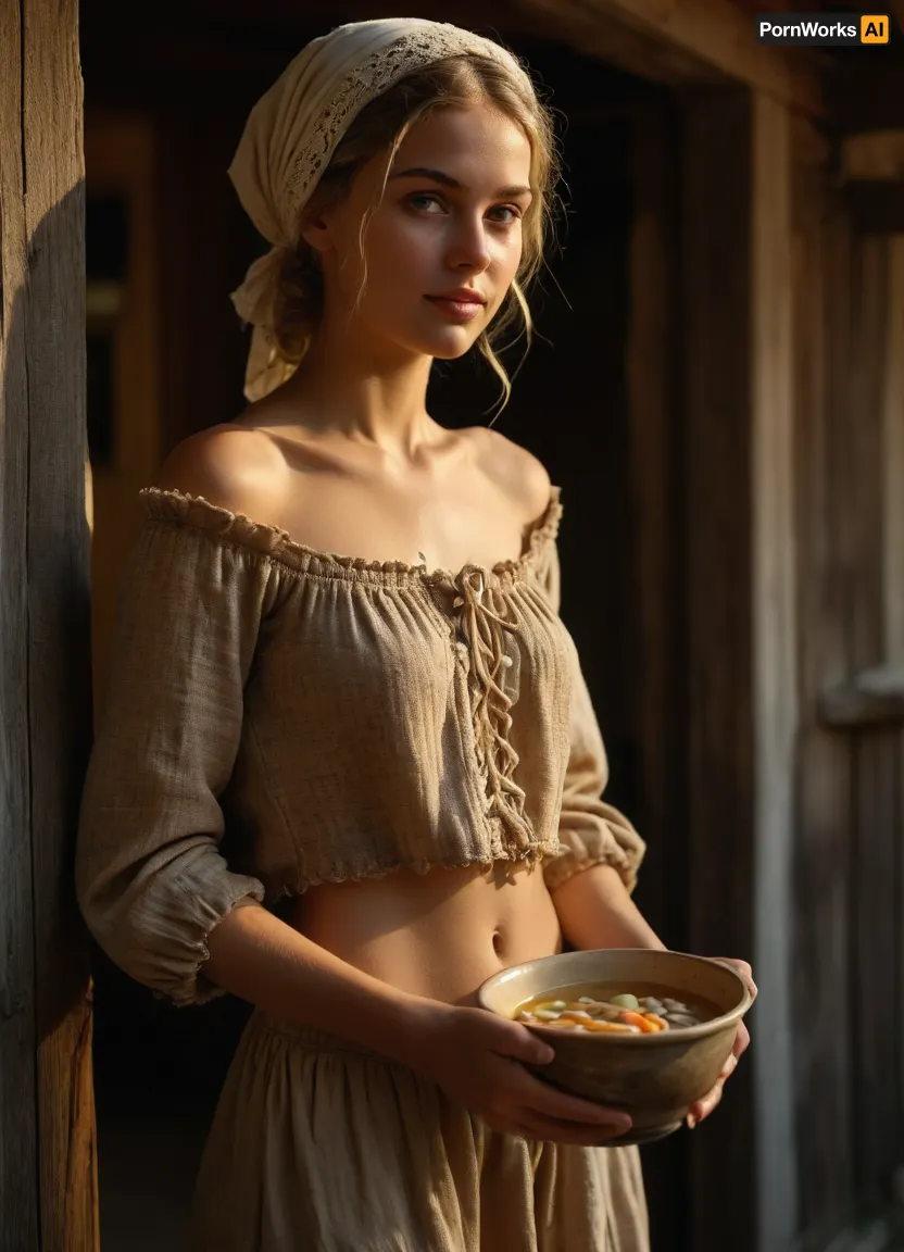 UHD 8K, cinematic masterpiece, score 9, score 8 up, score 7 up, score_9, score_8_up, score_7_up, ((soft focus)), 18th century, blurred background, 8k uhd, ((3/4-body view)), 3/4-body view of deeply tanned naked blonde braided young woman, very beautiful face with ash on it, firm small breasts, narrow waist, tanned slim body, tanned beautiful young woman naked wearing only open laced woolen peasant shirt and a headscarf and flat sandals, very deep seamless suntan, woman stands in front of an old half-ruined 18th century wooden cottage, view of the cottage from outside, woman with ash on the face holding a bowl with soup in her hands, ((beautiful face and naked body wearing an open laced woolen peasant shirt and headscarf and flat sandals and narrowly trimmed pubic hair holding a bowl with soup in her hands serving:1.2)), 18th century old run-down wooden cottage, (ugly old witch in blurred background), warm sun rays from the side, sunny summer day, fairy tale, <lora:MJ52:.7>, <lora:Picture_enhancer:.7>
