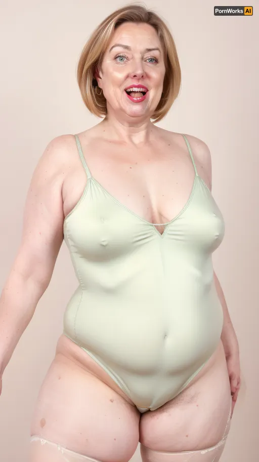 Obese, gilf, (Close-up:1), portrait photo a mature chubby gilf, fat round face, double chin, 70 years old Woman, big eyes, green eyes, chestnut layered haircut, chubby jawline, pokies, seductive smile, lips parted, (mouth open:1.3), teeth showing, big lips, looking at viewer, (solid blank background:1.3), eye level shoot, film grain, style by Flora Borsi, OverallDetail, satin sleeveless spaghetti strap minidress, fupa, (cameltoe), (areola slip), wide, hips, tt_saggy, tt_flat, plump, fat, saggy, sagging, droopy, leotard, sleeveless, haigure, pose, open, hands, standing, spread, legs, xtrhairy, hairy, eye contact, <lora:hips-10:.5>, <lora:tt_saggy:.5>, <lora:plump_control_v1.0:1.1>, <lora:haigure_pose_v2:.5>, <lora:xtrhairy:.8>