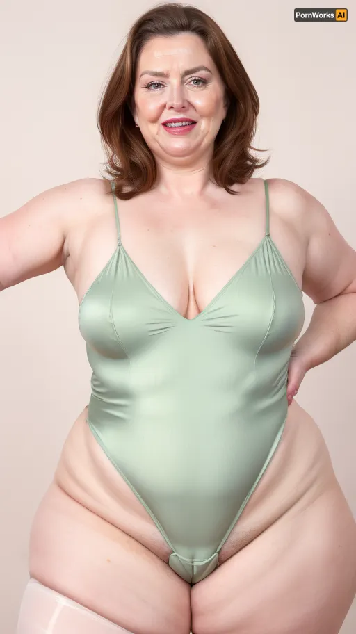 Obese, gilf, (Close-up:1), portrait photo a mature chubby gilf, fat round face, double chin, 70 years old Woman, big eyes, green eyes, chestnut layered haircut, chubby jawline, pokies, seductive smile, lips parted, (mouth open:1.3), teeth showing, big lips, looking at viewer, (solid blank background:1.3), eye level shoot, film grain, style by Flora Borsi, OverallDetail, satin sleeveless spaghetti strap minidress, fupa, (cameltoe), (areola slip), wide, hips, tt_saggy, tt_flat, plump, fat, saggy, sagging, droopy, leotard, sleeveless, haigure, pose, open, hands, standing, spread, legs, xtrhairy, hairy, eye contact, <lora:hips-10:.5>, <lora:tt_saggy:.4>, <lora:plump_control_v1.0:1.1>, <lora:haigure_pose_v2:.5>, <lora:xtrhairy:.8>
