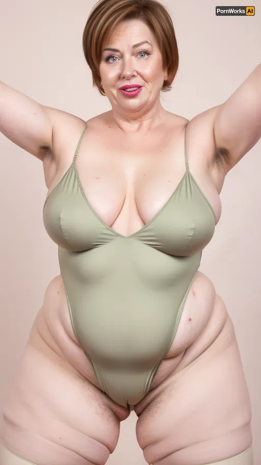 Obese, gilf, (Close-up:1), portrait photo a mature chubby gilf, fat round face, double chin, 70 years old Woman, big eyes, green eyes, chestnut layered haircut, chubby jawline, pokies, seductive smile, lips parted, (mouth open:1.3), teeth showing, big lips, looking at viewer, (solid blank background:1.3), eye level shoot, film grain, style by Flora Borsi, OverallDetail, satin sleeveless spaghetti strap minidress, fupa, (cameltoe), (areola slip), wide, hips, tt_saggy, tt_flat, plump, fat, saggy, sagging, droopy, leotard, sleeveless, haigure, pose, open, hands, standing, spread, legs, xtrhairy, hairy, eye contact, <lora:hips-10:.5>, <lora:tt_saggy:.4>, cellulite, <lora:plump_control_v1.0:1.1>, <lora:haigure_pose_v2:.5>, <lora:xtrhairy:.8>