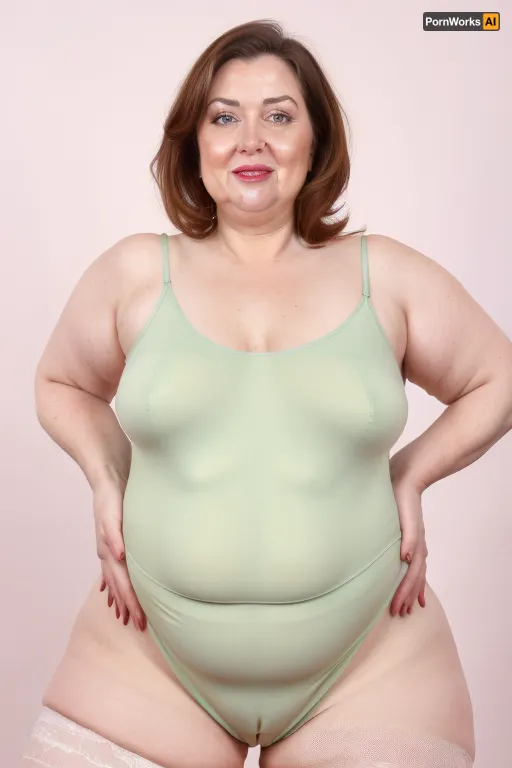 Obese, gilf, (Close-up:1), portrait photo a mature chubby gilf, fat round face, double chin, 70 years old Woman, big eyes, green eyes, chestnut layered haircut, chubby jawline, pokies, seductive smile, lips parted, (mouth open:1.3), teeth showing, big lips, looking at viewer, (solid blank background:1.3), eye level shoot, film grain, style by Flora Borsi, OverallDetail, mesh sleeveless spaghetti strap minidress, fupa, (cameltoe), (areola slip), wide, hips, tt_saggy, tt_flat, plump, fat, saggy, sagging, droopy, leotard, sleeveless, haigure, pose, open, hands, standing, spread, legs, xtrhairy, hairy, eye contact, cellulite, <lora:hips-10:.5>, <lora:tt_saggy:.4>, <lora:plump_control_v1.0:.9>, <lora:haigure_pose_v2:.5>, <lora:xtrhairy:.8>