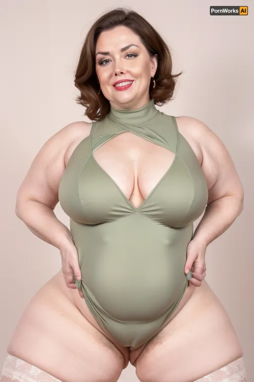 Obese, brunette, gilf, (Close-up:1), portrait photo a mature chubby gilf, fat round face, double chin, 70 years old Woman, big eyes, green eyes, layered haircut, chubby jawline, pokies, seductive smile, lips parted, (mouth open:1.3), teeth showing, big lips, looking at viewer, (solid blank background:1.3), eye level shoot, film grain, style by Flora Borsi, OverallDetail, sleeveless spaghetti strap minidress, fupa, (cameltoe), (areola slip), wide, hips, tt_saggy, tt_flat, plump, fat, saggy, sagging, droopy, leotard, sleeveless, haigure, pose, open, hands, standing, spread, legs, xtrhairy, hairy, eye contact, cellulite, <lora:hips-10:.5>, <lora:tt_saggy:.2>, <lora:plump_control_v1.0:.9>, <lora:haigure_pose_v2:.2>, <lora:xtrhairy:.8>