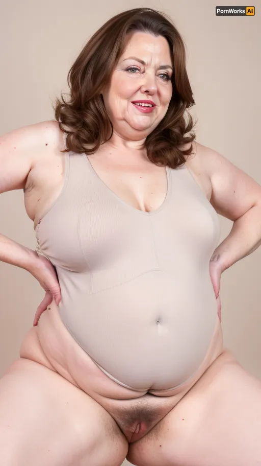Obese, brunette, gilf, (Close-up:1), portrait photo a mature chubby gilf, fat round face, double chin, 70 years old Woman, big eyes, green eyes, layered haircut, chubby jawline, pokies, seductive smile, lips parted, (mouth open:1.3), teeth showing, big lips, looking at viewer, (solid blank background:1.3), eye level shoot, film grain, style by Flora Borsi, OverallDetail, satin sleeveless spaghetti strap minidress, fupa, (cameltoe), (areola slip), wide, hips, tt_saggy, tt_flat, plump, fat, saggy, sagging, droopy, sleeveless, haigure, pose, open, hands, standing, spread, legs, xtrhairy, hairy, eye contact, cellulite, <lora:hips-10:.5>, <lora:tt_saggy:.3>, <lora:plump_control_v1.0:.5>, <lora:haigure_pose_v2:.5>, <lora:xtrhairy:.8>
