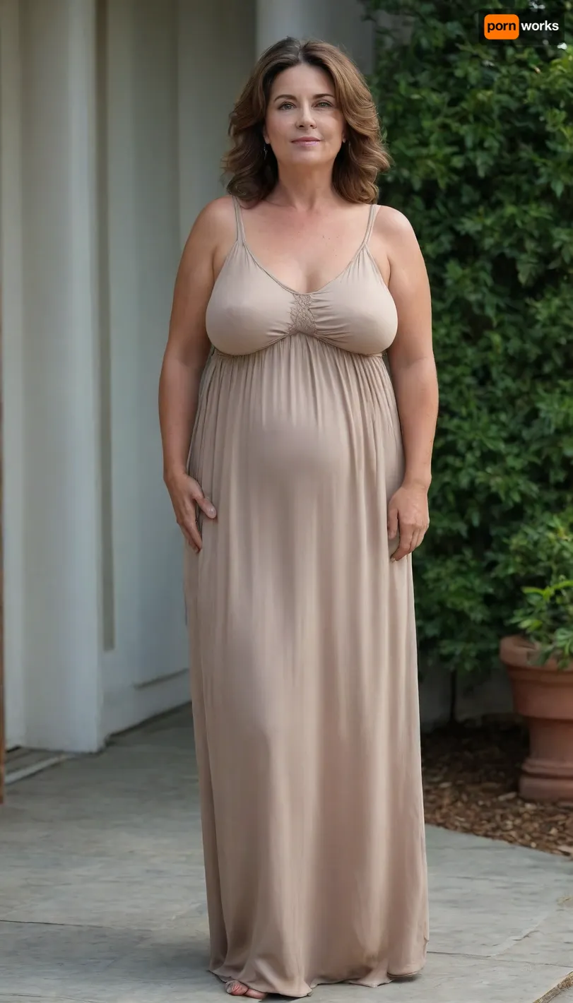 Full body shot, 50 year old woman, thin maxidress, chubby, wide hips, curvy, small floppy breasts, sagging breasts, deflated breasts, tan lines, brown hair, upturned nose, SaggySlimXL, uhang, yhang, <lora:updated_saggy_slim:1>, <lora:clothed_small:.5>