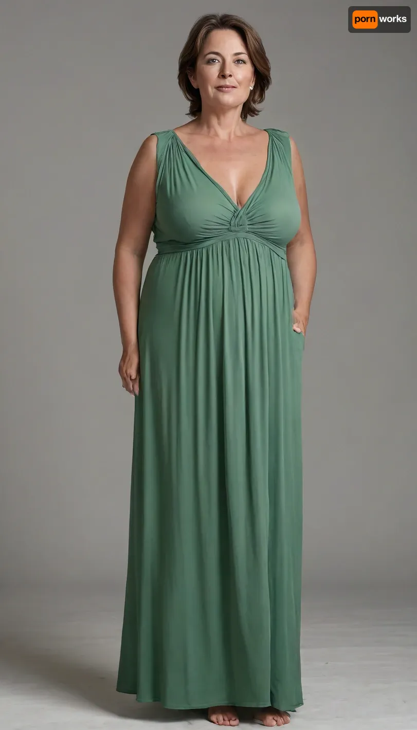 3/4 side view, Full body shot, 50 year old woman, green eyes, thin maxidress, chubby, wide hips, curvy, small floppy breasts, sagging breasts, deflated breasts, tan lines, brown hair, upturned nose, SaggySlimXL, uhang, yhang, <lora:updated_saggy_slim:1>, <lora:clothed_small:.5>