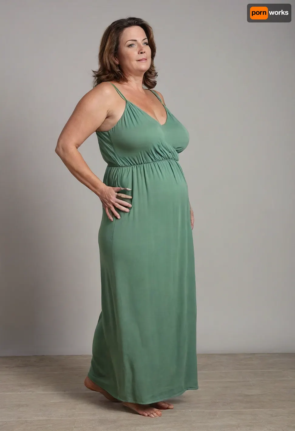 3/4 side view, Full body shot, 50 year old woman, green eyes, thin maxidress, chubby, wide hips, curvy, small floppy breasts, sagging breasts, deflated breasts, tan lines, brown hair, upturned nose, SaggySlimXL, <lora:updated_saggy_slim:1>, <lora:clothed_small:.5>