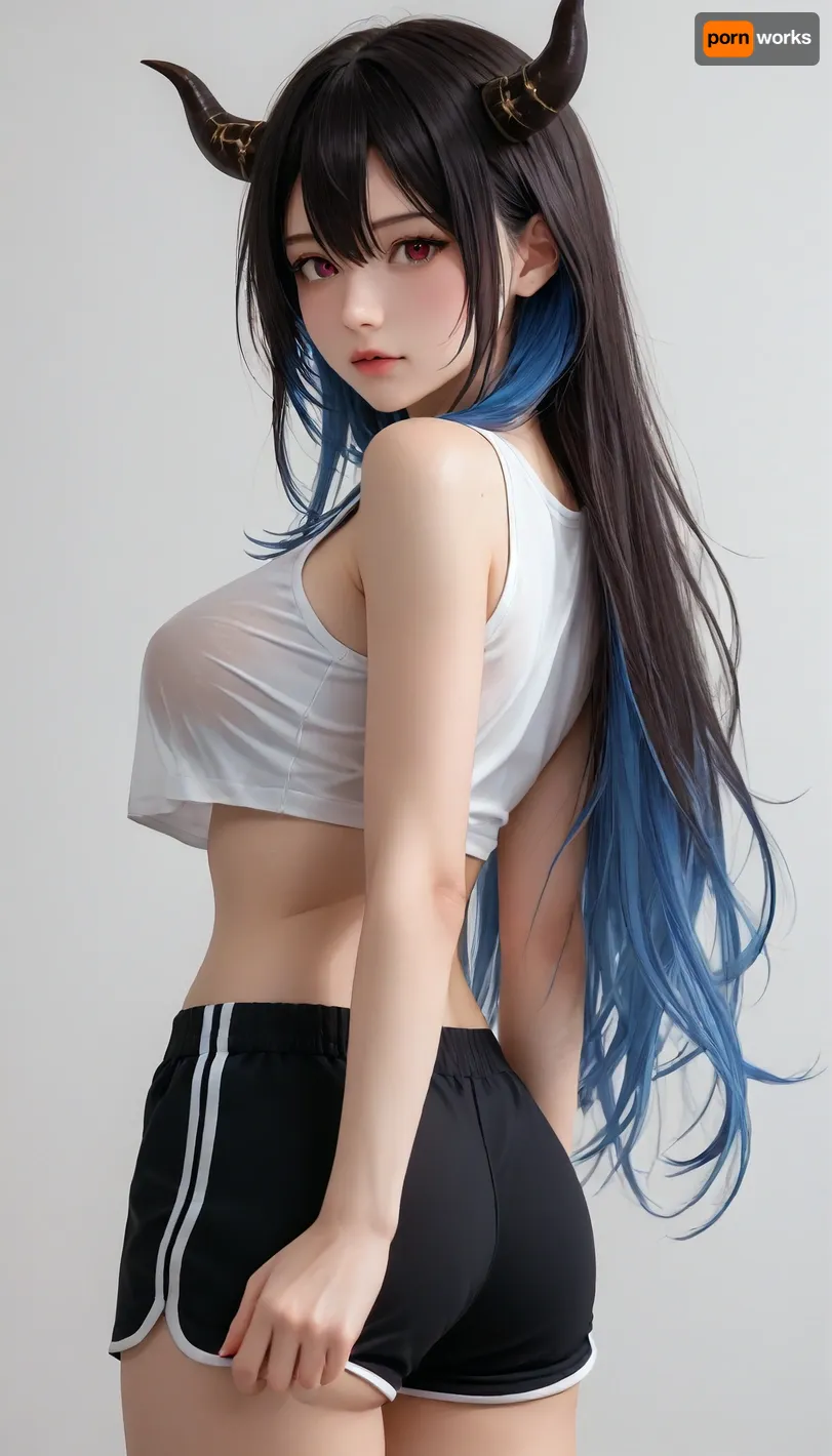 (hololive english:1), (nerissa ravencroft), 1girl, arm behind back, ass, asymmetrical horns, black hair, black shorts, blue hair, blush, breasts, colored inner hair, crop top, (dolphin shorts:1), from behind, hair between eyes, horns, large breasts, long hair, mole, mole under eye, multicolored hair, red eyes, see through clothes, shorts, simple background, solo, uneven horns, very long hair, virtual youtuber, wet, white background