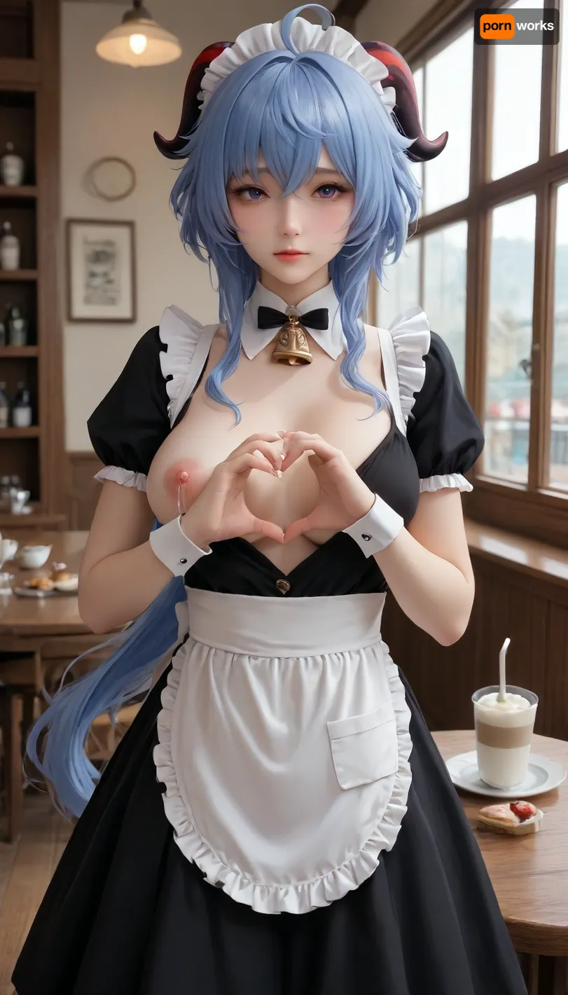 ganyu, (genshin impact), 1girl, 4-finger heart hands, ahoge, alternate costume, apron, averting eyes, bell, black dress, blue hair, blush, breast milk, breasts, cafe, cake, cake slice, closed mouth, coffee, cowboy shot, cum, cum on food, cup, dress, ejaculation, embarrassed, enmaided, erection, food, frilled apron, frills, futanari, handsfree ejaculation, heart, heart hands, heart-shaped boob challenge, horns, indoors, lactation, large breasts, long hair, low tail, maid, maid apron, maid headdress, neck bell, nipples, one breast out, one eye closed, penis, penis out, puffy short sleeves, puffy sleeves, purple eyes, short sleeves, solo, waist apron, white apron, white wrist cuffs, wrist cuffs
