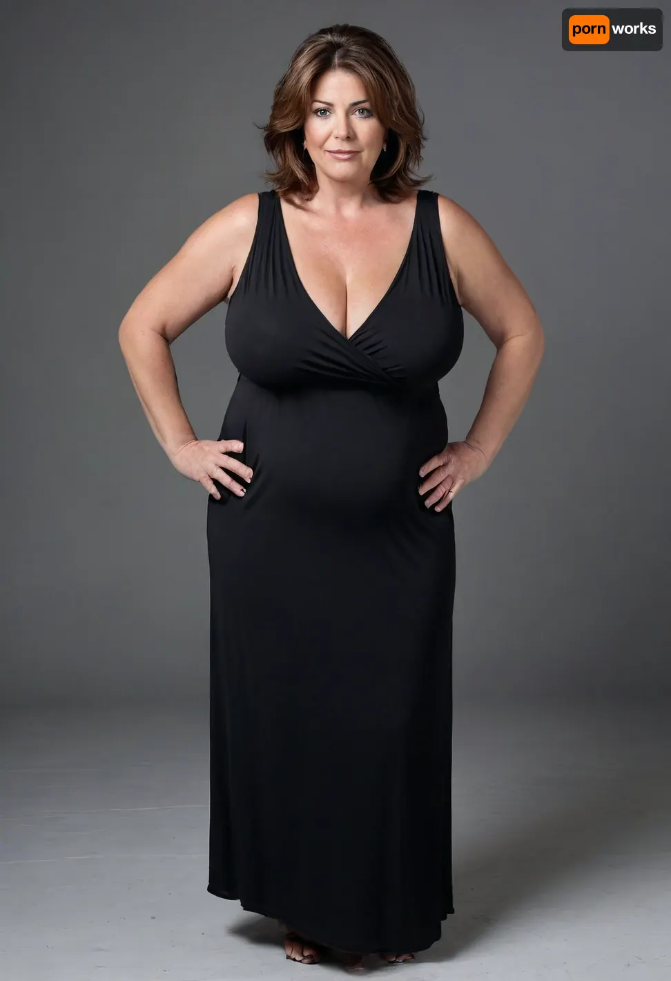 Full body shot, 50 year old woman, layered haircut, green eyes, black thin maxidress, obese, chubby, wide hips, curvy, small floppy breasts, sagging breasts, deflated breasts, tan lines, brown hair, upturned nose, SaggySlimXL, <lora:updated_saggy_slim:1>, <lora:clothed_small:.5>, bottomheavy, big, ass, huge, gigantic, thick, thighs, massive, <lora:bottomheavy_v1_sdxl_tags:.8>